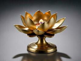en guld lotus ljus hållare på en svart bakgrund. ai genererad foto