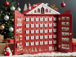 en röd första advent första advent kalender med en santa claus figur. ai genererad foto