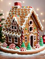 Foto av jul pepparkaka hus med glasyr. ai genererad
