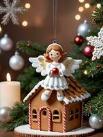 Foto av jul ängel prydnad Nästa till en pepparkaka hus. ai genererad