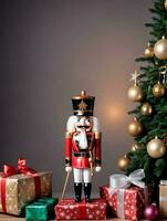 Foto av jul nötknäppare innehav en lykta bredvid en lugg av insvept presenterar. ai genererad