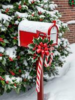 Foto av jul snötäckt brevlåda fylld med godis käppar och järnek löv. ai genererad