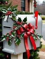 Foto av jul järnek grenar dekorera en brevlåda fylld med jul kort och band. ai genererad