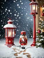 Foto av jul snöig fotspår ledande till en nötknäppare bredvid en lykta. ai genererad
