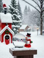 Foto av jul snögubbe innehav en glas snö klot bredvid en snöig brevlåda med barn byggnad annan snögubbe i de distans. ai genererad