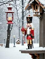 Foto av jul nötknäppare innehav en lykta bredvid en snötäckt fågelholk i en snöig parkera. ai genererad