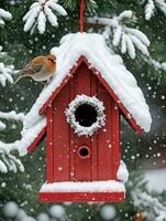 Foto av jul snötäckt fågelholk. ai genererad