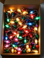 Foto av jul tilltrasslad jul lampor i en låda. ai genererad