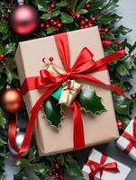 Foto av jul lugg av gåvor under en mistel. ai genererad