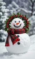 Foto av jul snögubbe bär en krans som en halsband. ai genererad