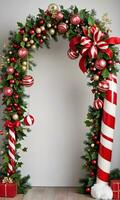 Foto av jul godis sockerrör båge med hängande mistel och ornament. ai genererad