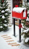 Foto av jul snöig fotspår ledande till en brevlåda fylld med festlig kort och tall grenar. ai genererad