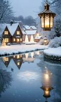 Foto av jul ängel prydnad utsikt en snöig by med en belyst lykta Allt reflekterad i en lugn frysta damm. ai genererad