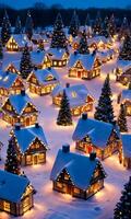 ett antenn se av en snöig jul by upplyst på natt. ai genererad foto