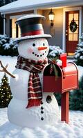 snögubbar scarf insvept runt om en jul brevlåda skymning utomhus- trädgård främre se. ai genererad foto