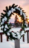 en närbild av en snöig krans Utsmyckad med blinkande lampor mot en solnedgång himmel. ai genererad foto