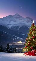 en jul baner strömmande i de bris mot en bakgrund av en snöig berg på skymning. ai genererad foto