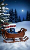 jul strumpor en trä- kälke och tall grenar mot en snöbelyst bakgrund skott i de magisk blå skymning. ai genererad foto