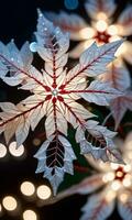 blinkande fe- lampor belysande de invecklad mönster av en snöflinga och de delikat kronblad av en julstjärna fångad på natt. ai genererad foto
