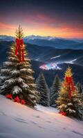 en snöig bergstopp se med tall träd Utsmyckad förbi färgrik jul lampor gyllene stjärnor och röd band fångad på gryning. ai genererad foto