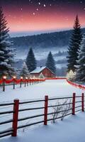 en snöig landsbygden på skymning med staket Utsmyckad förbi blinkande lampor tall grenar och röd band. ai genererad foto