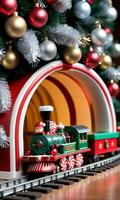 Foto av jul leksak tåg bärande godis käppar genom en tunnel av glitter under en stor jul träd. ai genererad