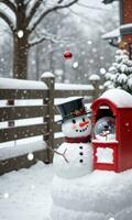 Foto av jul snögubbe innehav en glas snö klot bredvid en snöig brevlåda med barn byggnad annan snögubbe i de distans. ai genererad