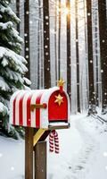 Foto av jul snötäckt brevlåda med godis sockerrör Ränder och en gyllene stjärna på topp uppsättning mot en bakgrund av en snöig skog. ai genererad