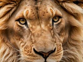 en stänga upp av en lejon ansikte. ai genererad foto