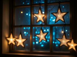 en fönster med en knippa av stjärnor hängande från Det. ai genererad foto
