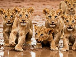 en grupp av ung lejon spelar i en grumlig pöl. ai genererad foto
