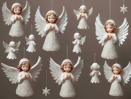 en uppsättning av tolv vit ängel ornament hängande från de samling. ai genererad foto