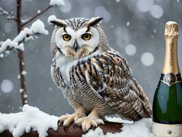 en snöig Uggla Sammanträde på en trä- staket med en flaska av champagne. ai genererad foto
