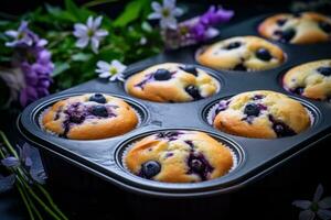 blåbär muffins i en bakning maträtt. ai-genererad foto