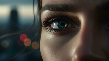 en kvinnas öga gazing på en vibrerande stad horisont ai genererad foto