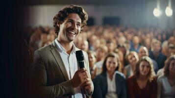 en man tala till en stor folkmassan med en mikrofon i hand ai genererad foto