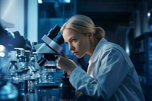 en kvinna forskare arbetssätt med en mikroskop i en laboratorium ai genererad foto