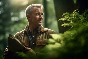 en man stående i en skog innehav en bok ai genererad foto