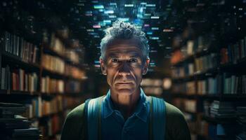 Foto av en man stående i främre av en bokhylla fylld med böcker ai genererad