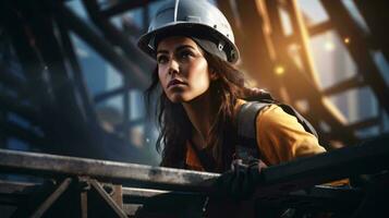 en kvinna bär säkerhet redskap och en hård hatt på en konstruktion webbplats ai genererad foto