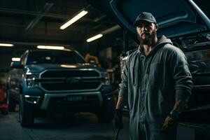 en man stående Nästa till en lastbil i en garage ai genererad foto