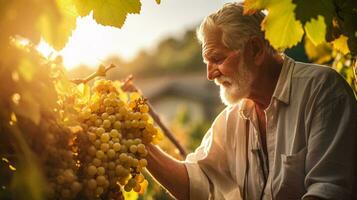 en man skörd vindruvor från en vin i en vingård ai genererad foto