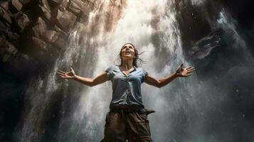 Foto av en kvinna beundrande en majestätisk vattenfall ai genererad
