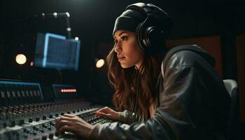 en kvinna i en inspelning studio bär hörlurar ai genererad foto