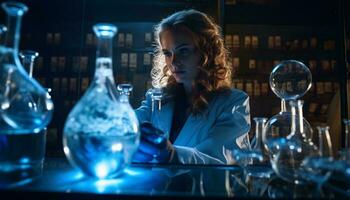 en kvinna i en labb täcka analyserar glas i en laboratorium miljö ai genererad foto