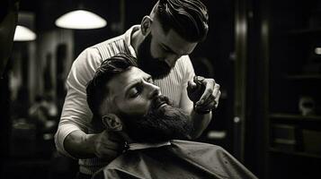 en man få en frisyr på en barberare affär ai genererad foto