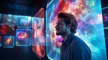 en man stående i främre av en vibrerande och färgrik vägg ai genererad foto
