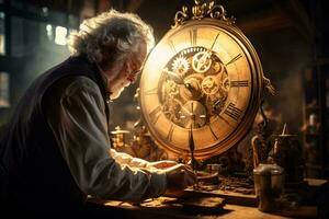 en skicklig hantverkare reparation en klocka i hans verkstad ai genererad foto