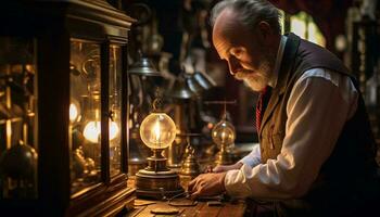 en man arbetssätt på en lampa i en väl upplyst rum ai genererad foto