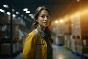 en kvinna i en gul jacka stående i en lager ai genererad foto
